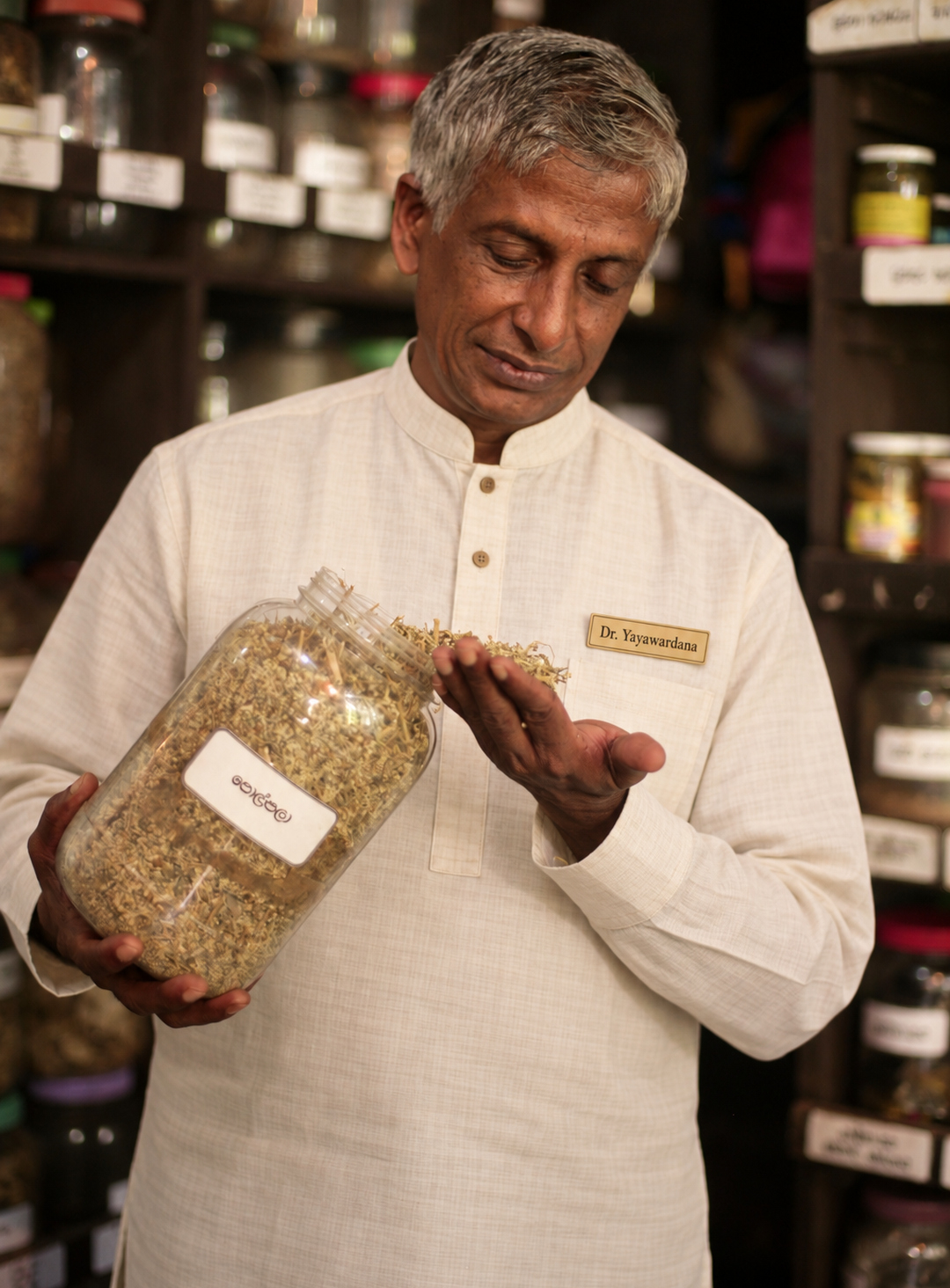 Ein Ayurveda-Arzt begutachtet getrocknete Kräuter im Lanka Ayurveda Garden Resoert auf Sri Lanka.